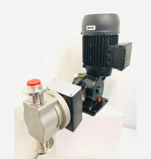 An image of a piston driven dosing pump on a white background.